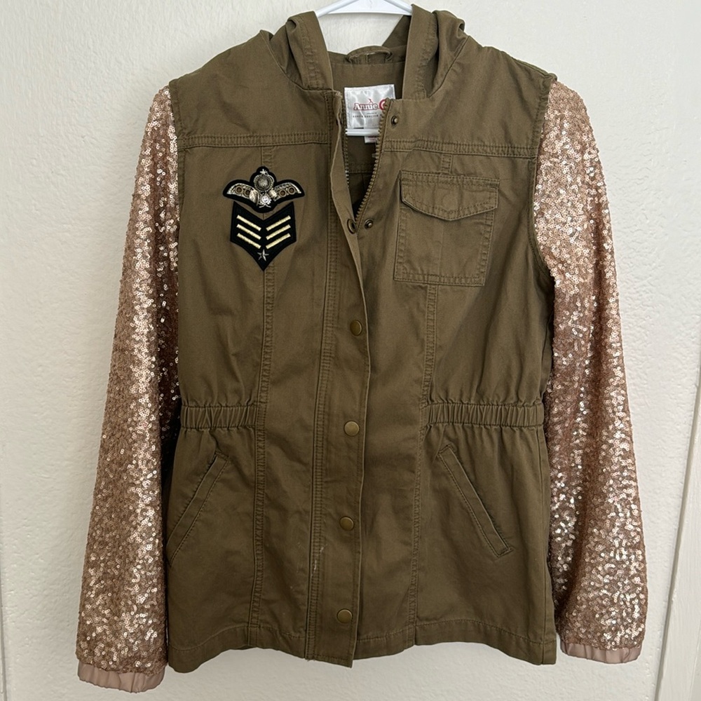 Annie Kids Green jacket with gold sequined sleeves size XL